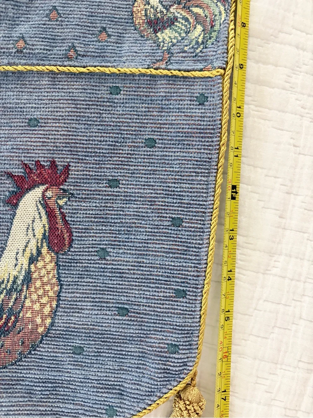 Vintage Rooster Print Window Valance in Denim Blue with Gold Tassels